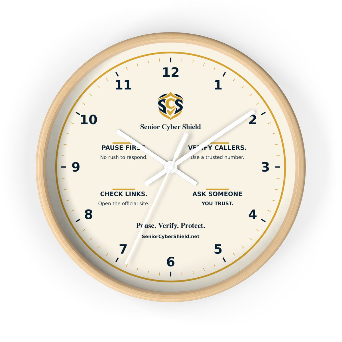 Senior Cyber Shield Wall Clock | Scam Safety Reminders | Cream, Navy & Gold