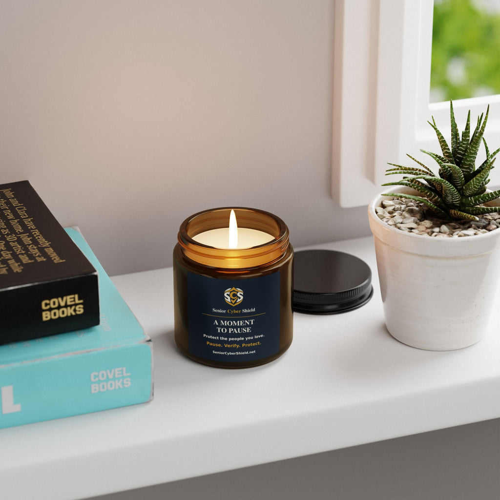 Senior Cyber Shield A Moment to Pause Scented Soy Candle | 4 oz Amber Jar | Cream & Gold Label
