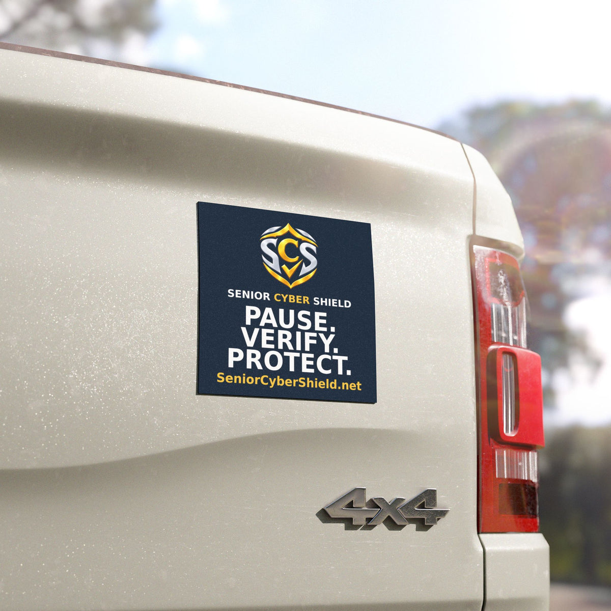 Senior Cyber Shield Car Magnet, 5 × 5 Inch | Pause. Verify. Protect. | Navy & Gold