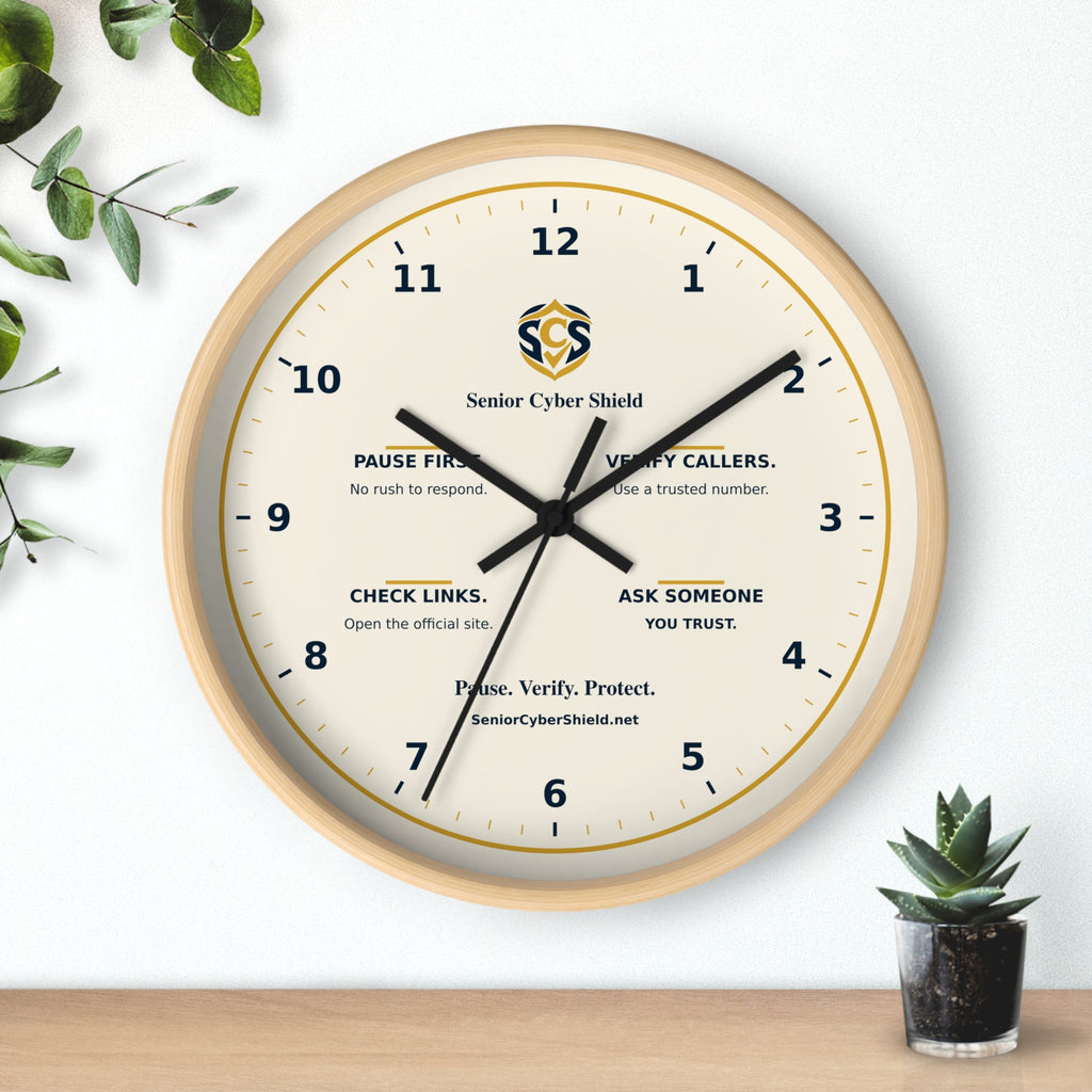 Senior Cyber Shield Wall Clock | Scam Safety Reminders | Cream, Navy & Gold