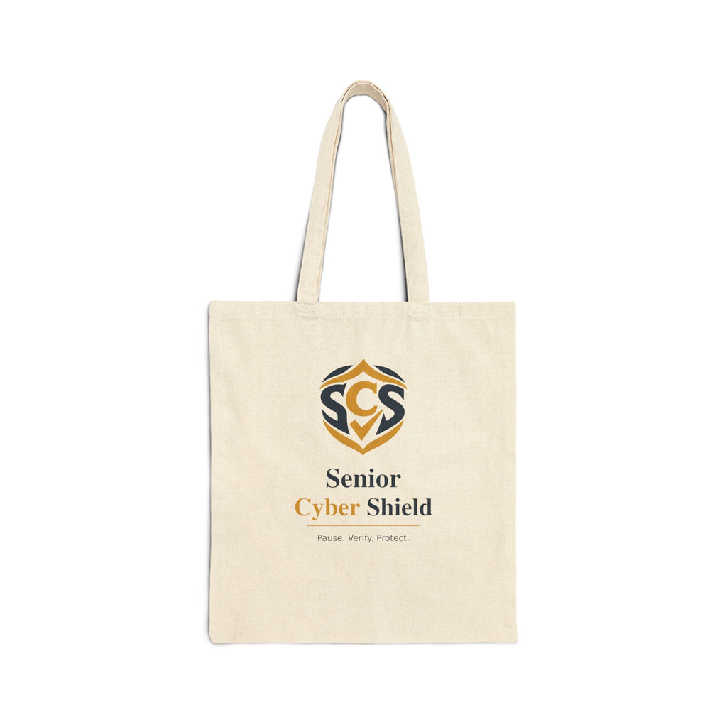 Senior Cyber Shield Cotton Canvas Tote Bag | Pause. Verify. Protect. | Natural
