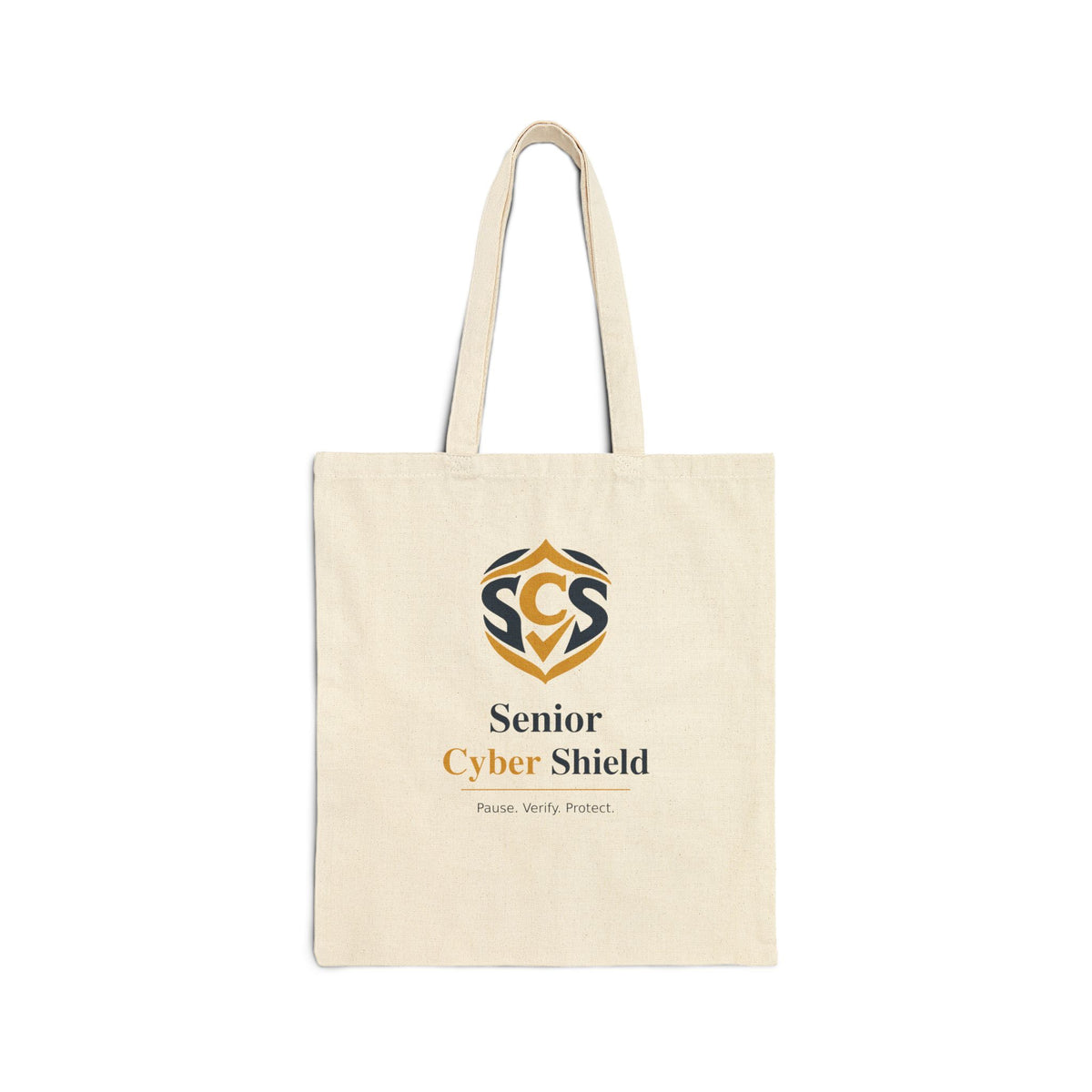 Senior Cyber Shield Cotton Canvas Tote Bag | Pause. Verify. Protect. | Natural