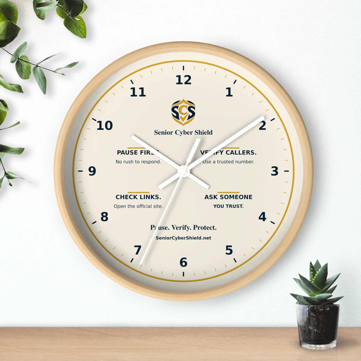 Senior Cyber Shield Wall Clock | Scam Safety Reminders | Cream, Navy & Gold