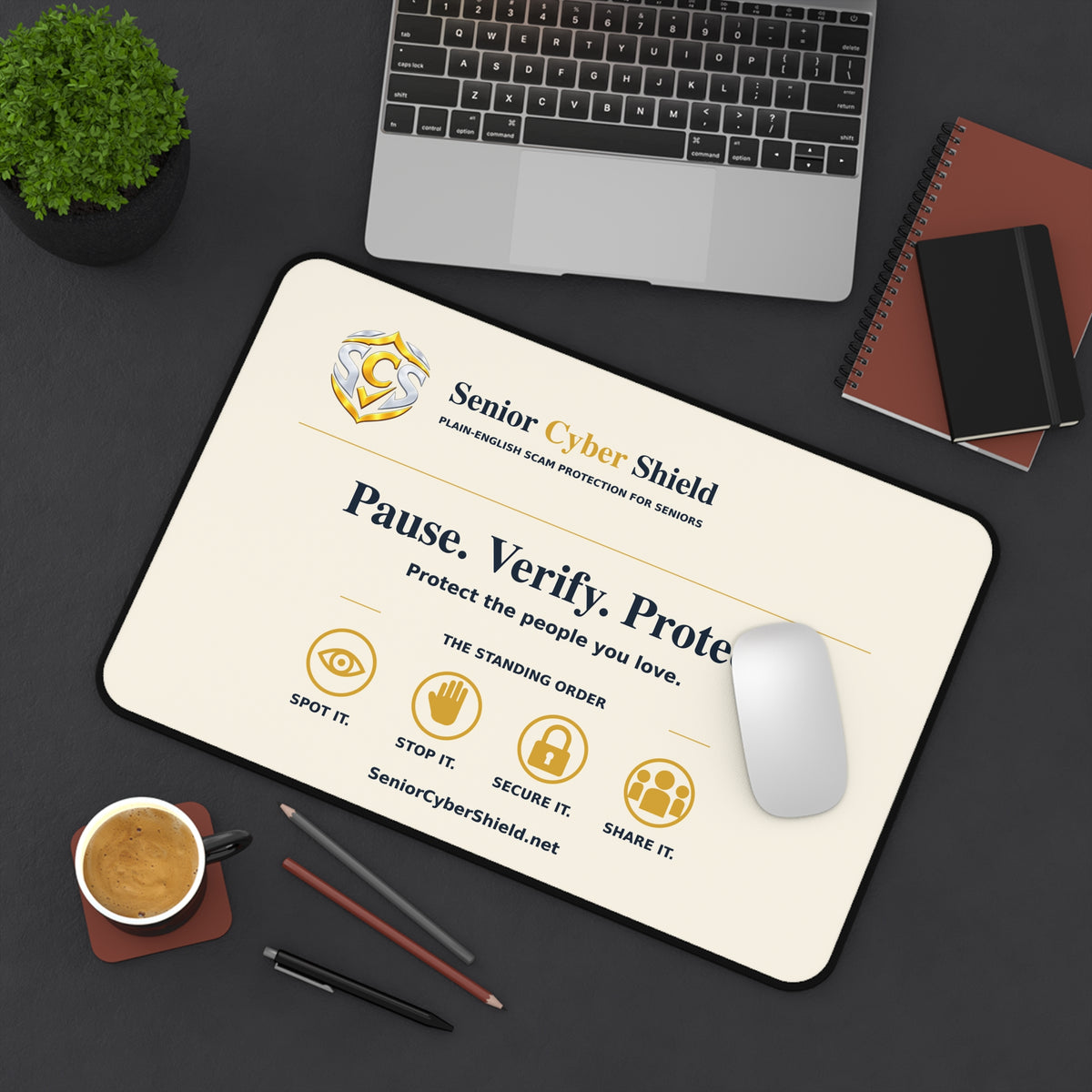Senior Cyber Shield Desk Mat | Pause. Verify. Protect. | Cream & Gold Scam Awareness Design | 18 × 12 inches