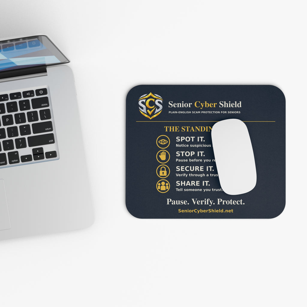 Senior Cyber Shield Mouse Pad | The Standing Order Scam Awareness Reminder | Navy & Gold | 9 × 8 inches