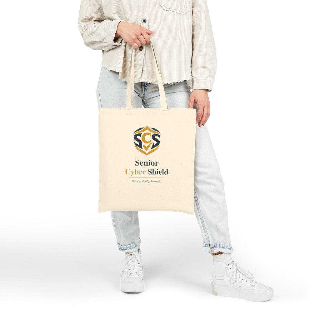 Senior Cyber Shield Cotton Canvas Tote Bag | Pause. Verify. Protect. | Natural