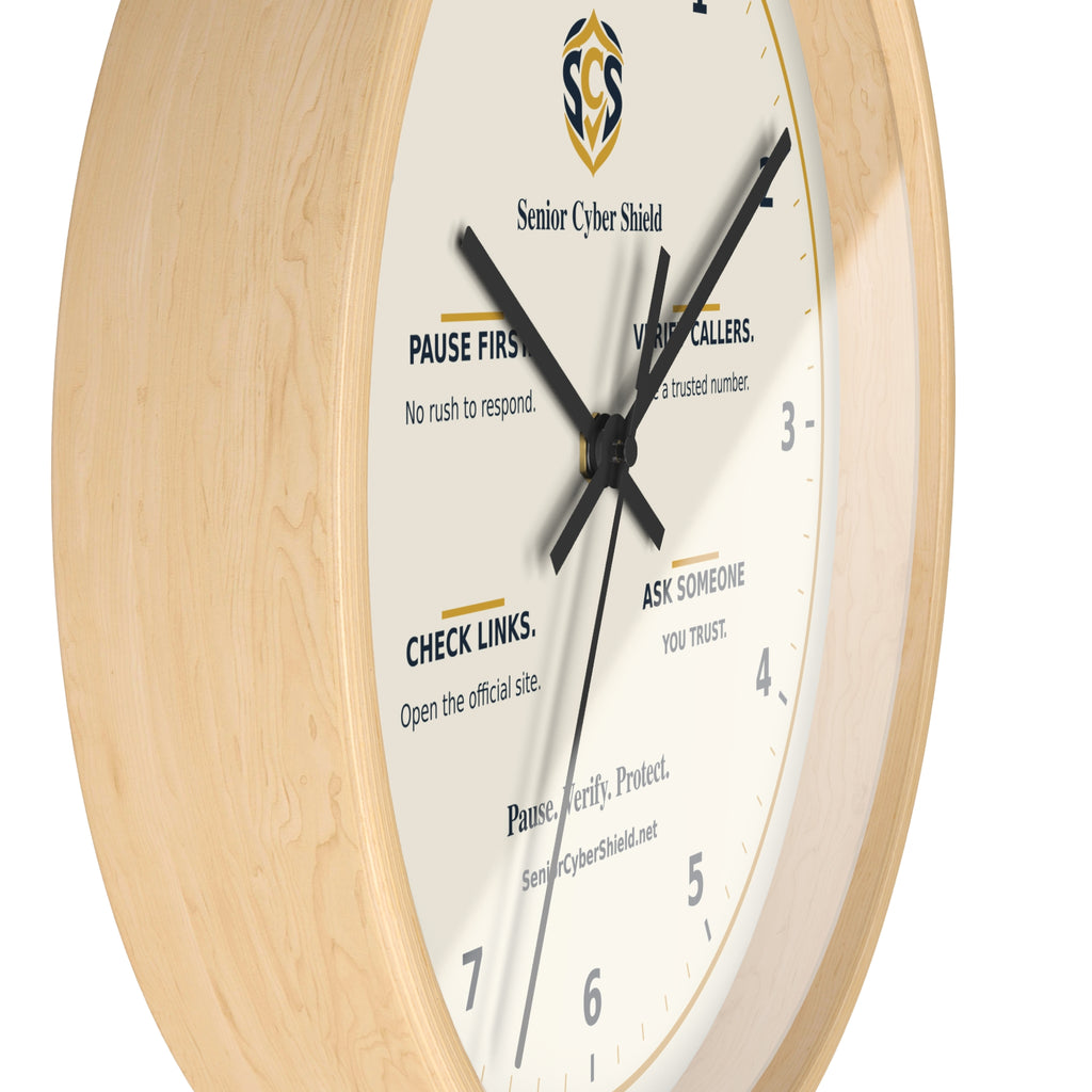 Senior Cyber Shield Wall Clock | Scam Safety Reminders | Cream, Navy & Gold