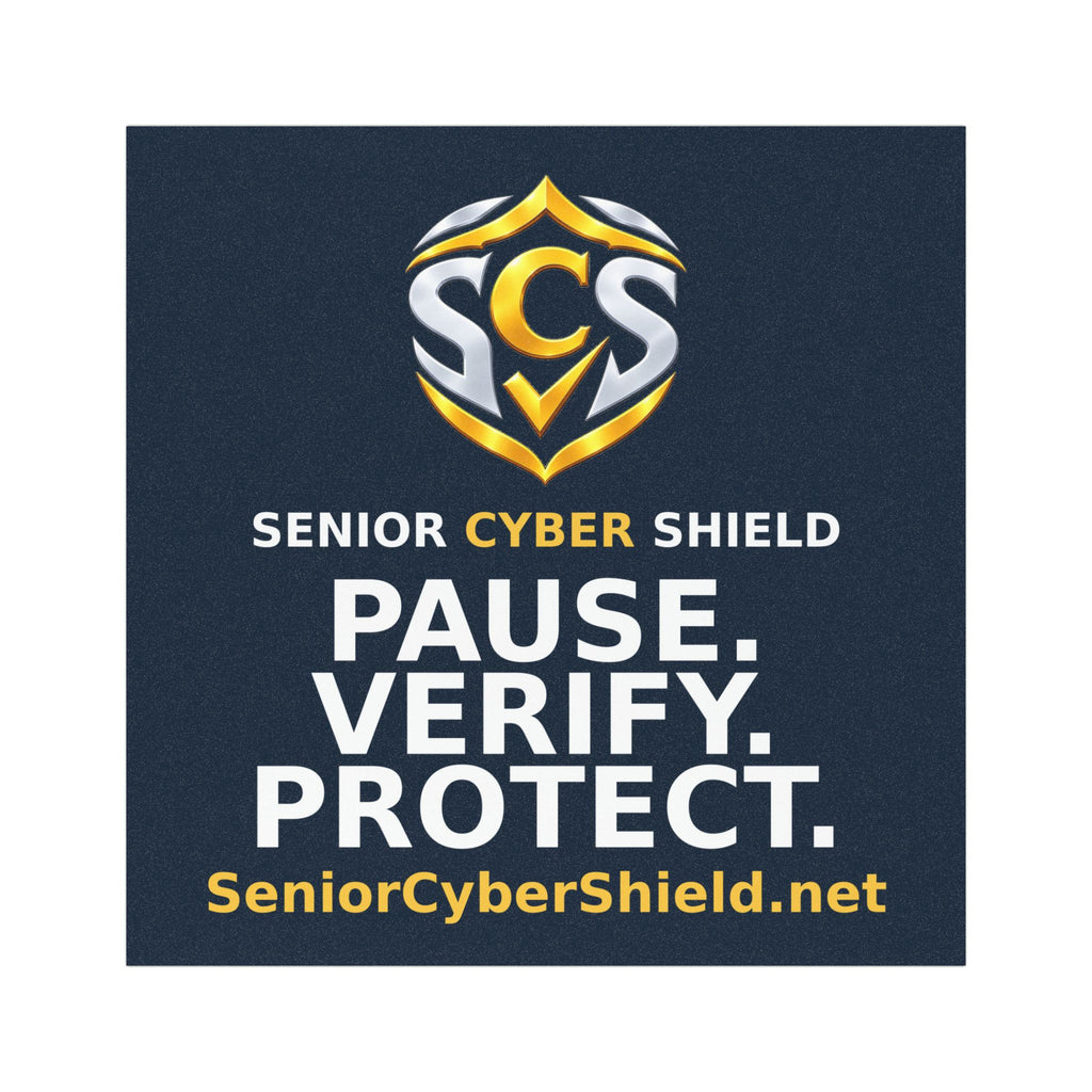 Senior Cyber Shield Car Magnet, 5 × 5 Inch | Pause. Verify. Protect. | Navy & Gold