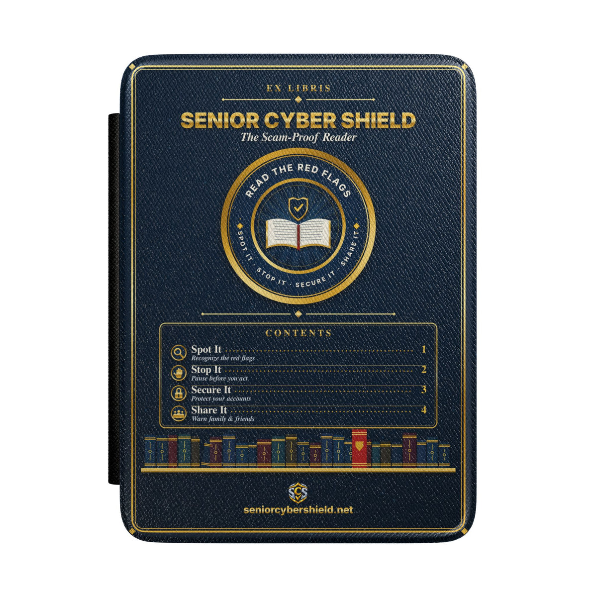 Scam-Proof Reader Kindle Case – Senior Cyber Shield Ex Libris Book Lover Folio Cover for Paperwhite & Colorsoft