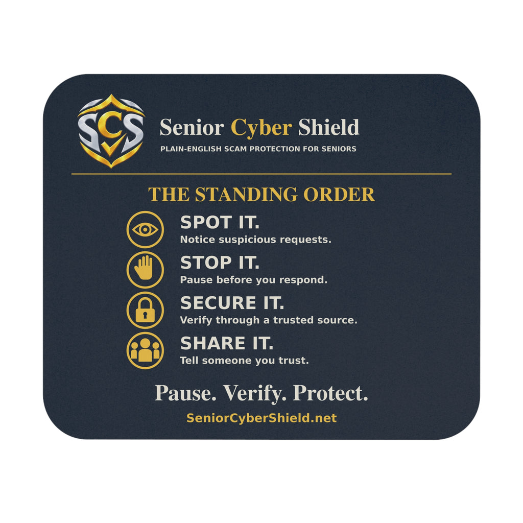 Senior Cyber Shield Mouse Pad | The Standing Order Scam Awareness Reminder | Navy & Gold | 9 × 8 inches