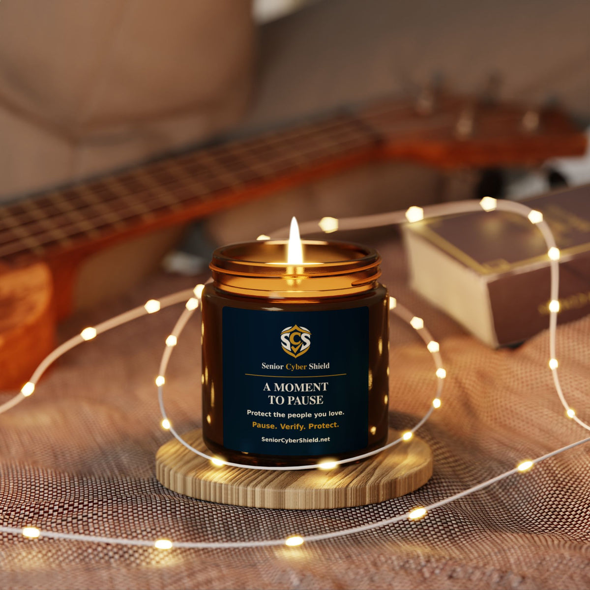 Senior Cyber Shield A Moment to Pause Scented Soy Candle | 4 oz Amber Jar | Cream & Gold Label