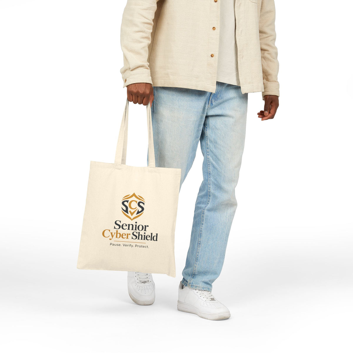 Senior Cyber Shield Cotton Canvas Tote Bag | Pause. Verify. Protect. | Natural
