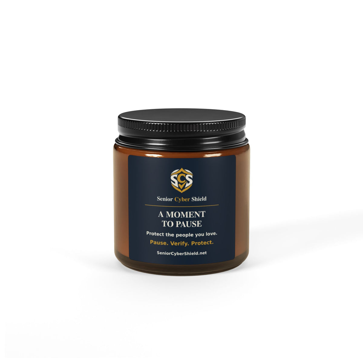 Senior Cyber Shield A Moment to Pause Scented Soy Candle | 4 oz Amber Jar | Cream & Gold Label