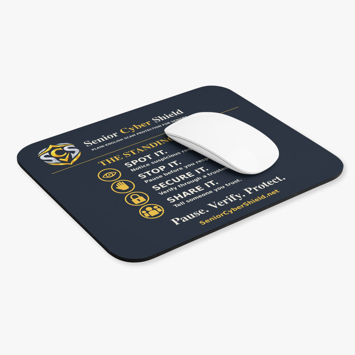 Senior Cyber Shield Mouse Pad | The Standing Order Scam Awareness Reminder | Navy & Gold | 9 × 8 inches
