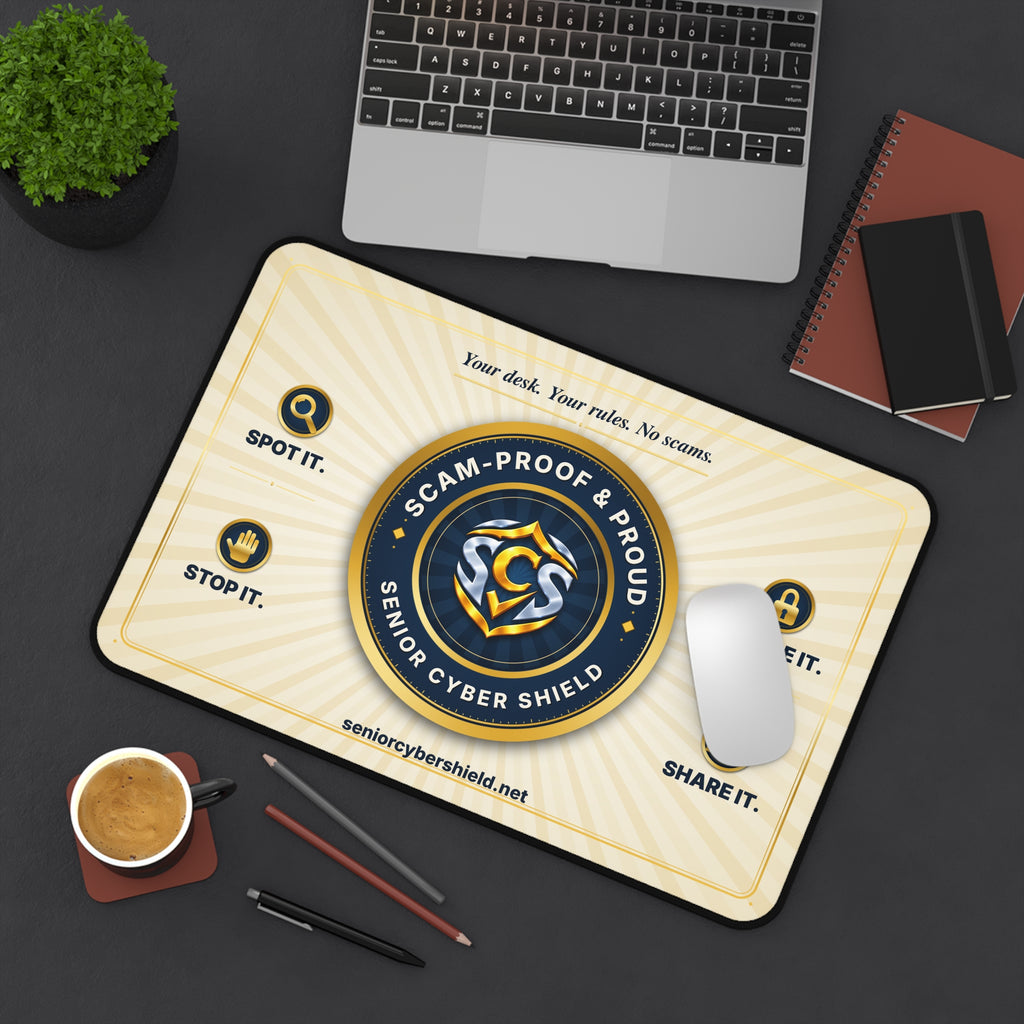 Scam-Proof & Proud Desk Mat – Senior Cyber Shield Mouse Pad | Scam Awareness Gift for Seniors, Grandparents & Home Office