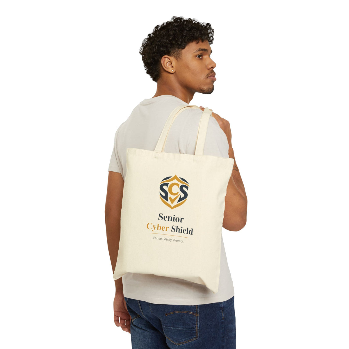 Senior Cyber Shield Cotton Canvas Tote Bag | Pause. Verify. Protect. | Natural
