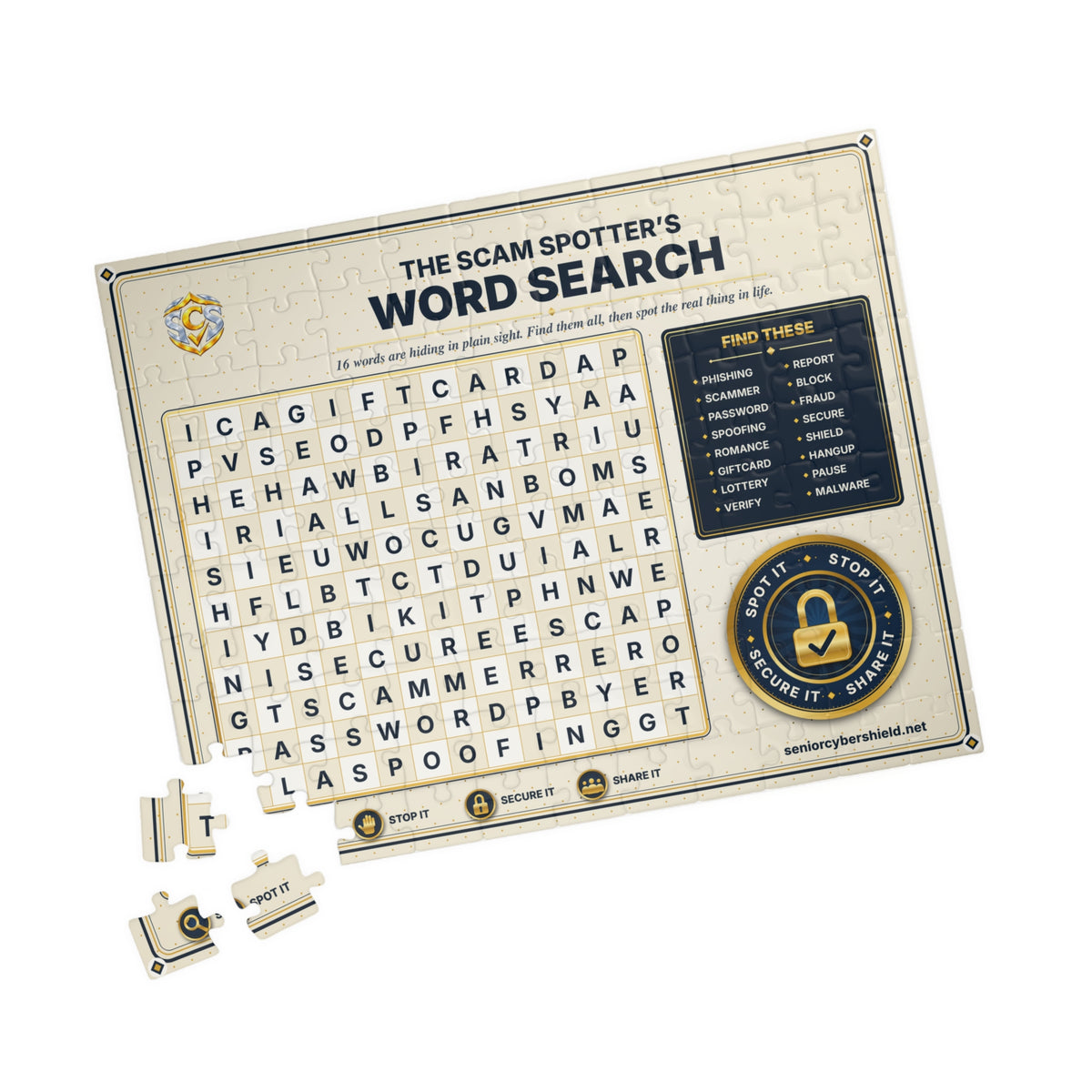 Scam Spotter’s Word Search Jigsaw Puzzle – Senior Cyber Shield Gift Puzzle for Seniors, Grandparents & Puzzle Lovers (110–1014 Pieces)