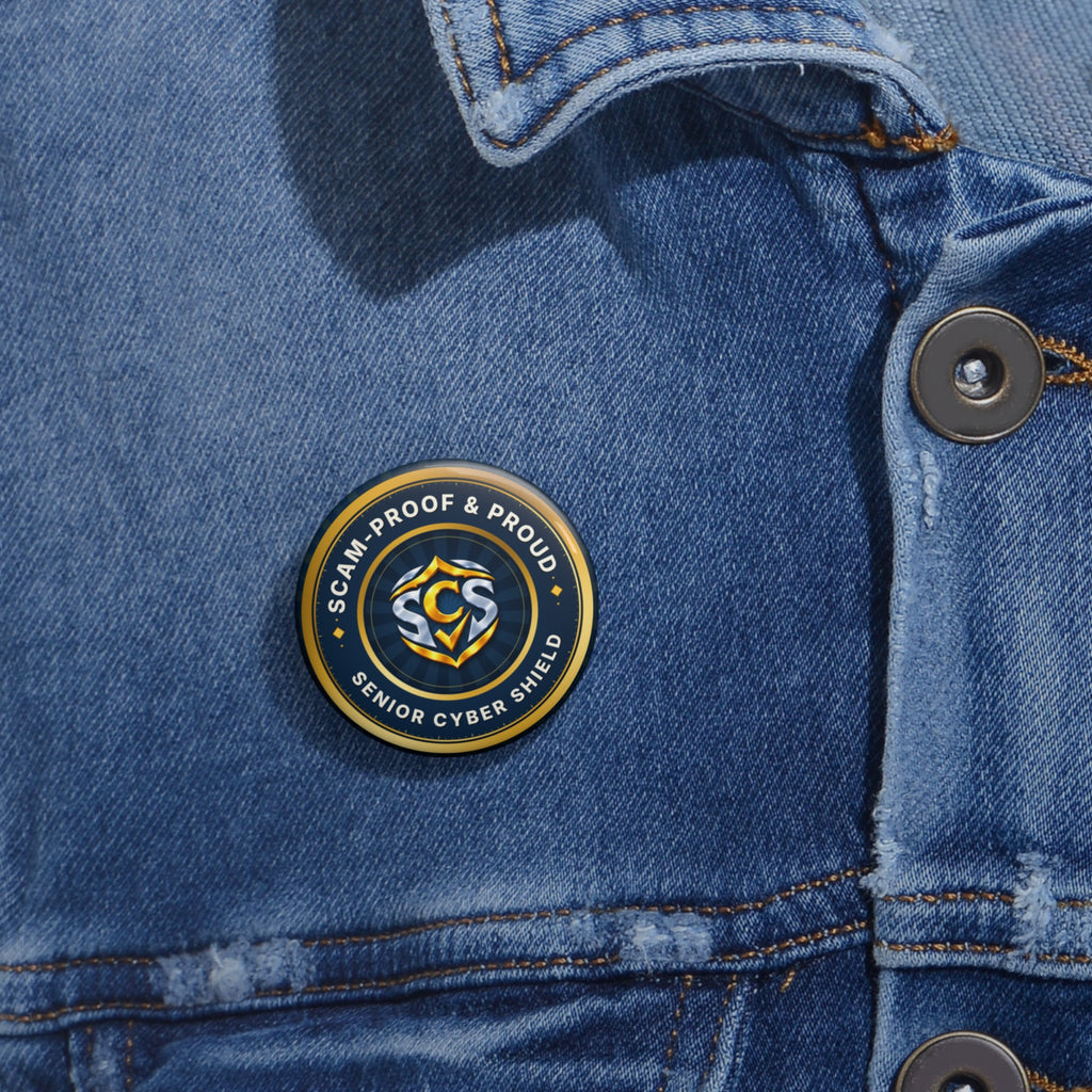 Scam-Proof & Proud Pin Button – Senior Cyber Shield 1.25" Badge | Scam Awareness Gift for Seniors, Grandparents & Volunteers