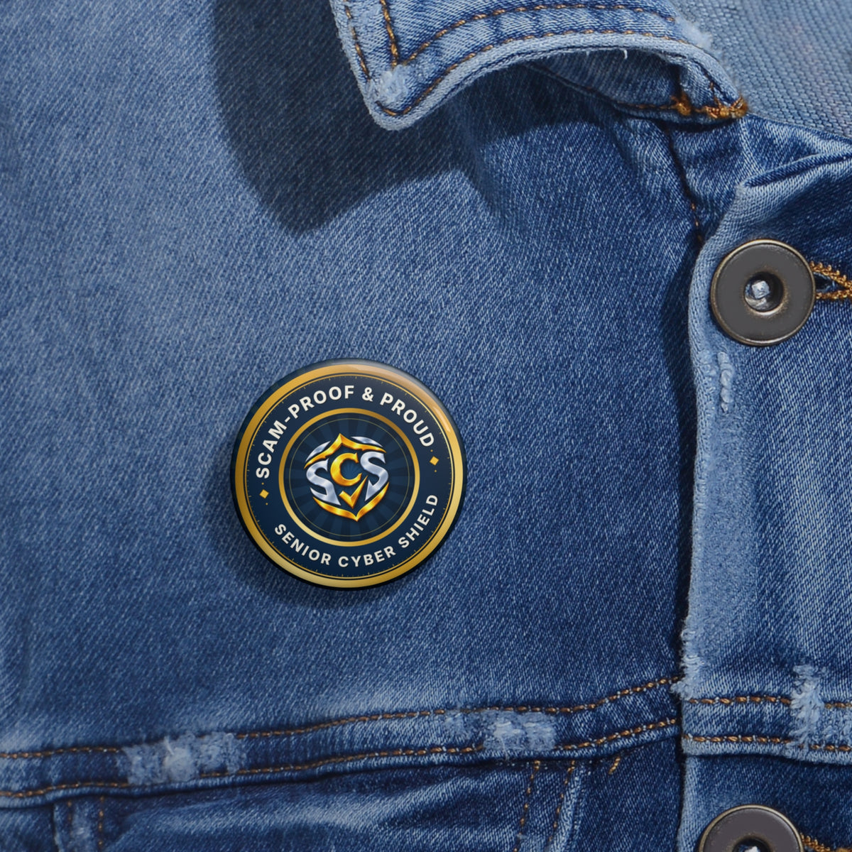 Scam-Proof & Proud Pin Button – Senior Cyber Shield 1.25" Badge | Scam Awareness Gift for Seniors, Grandparents & Volunteers
