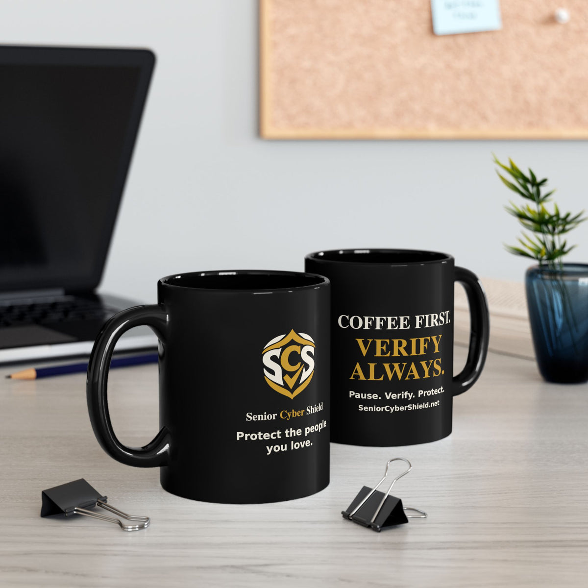 Senior Cyber Shield Black Coffee Mug | Coffee First, Verify Always | 11 oz