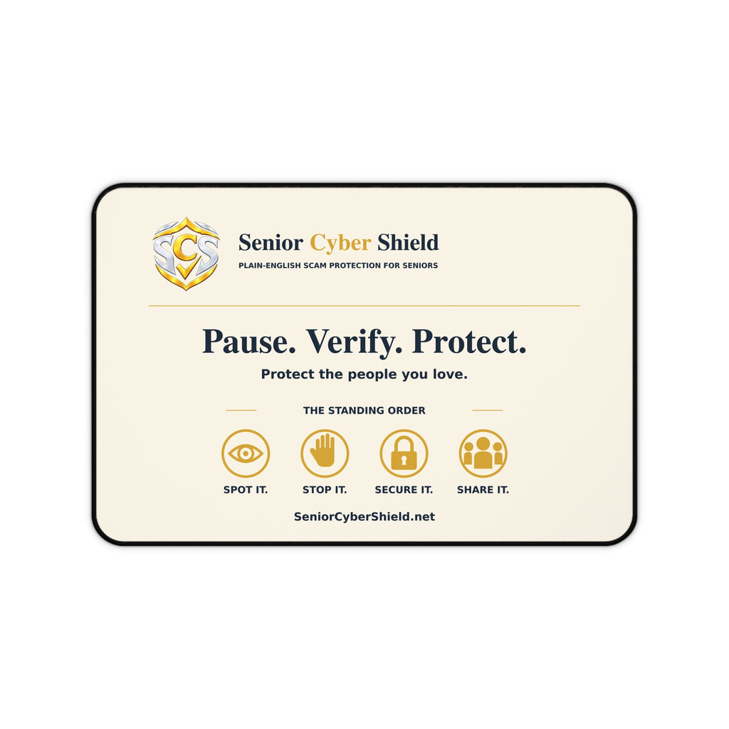 Senior Cyber Shield Desk Mat | Pause. Verify. Protect. | Cream & Gold Scam Awareness Design | 18 × 12 inches