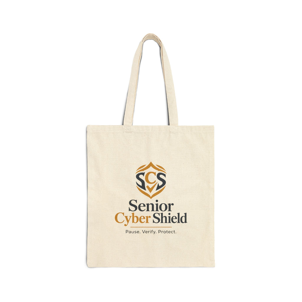 Senior Cyber Shield Cotton Canvas Tote Bag | Pause. Verify. Protect. | Natural