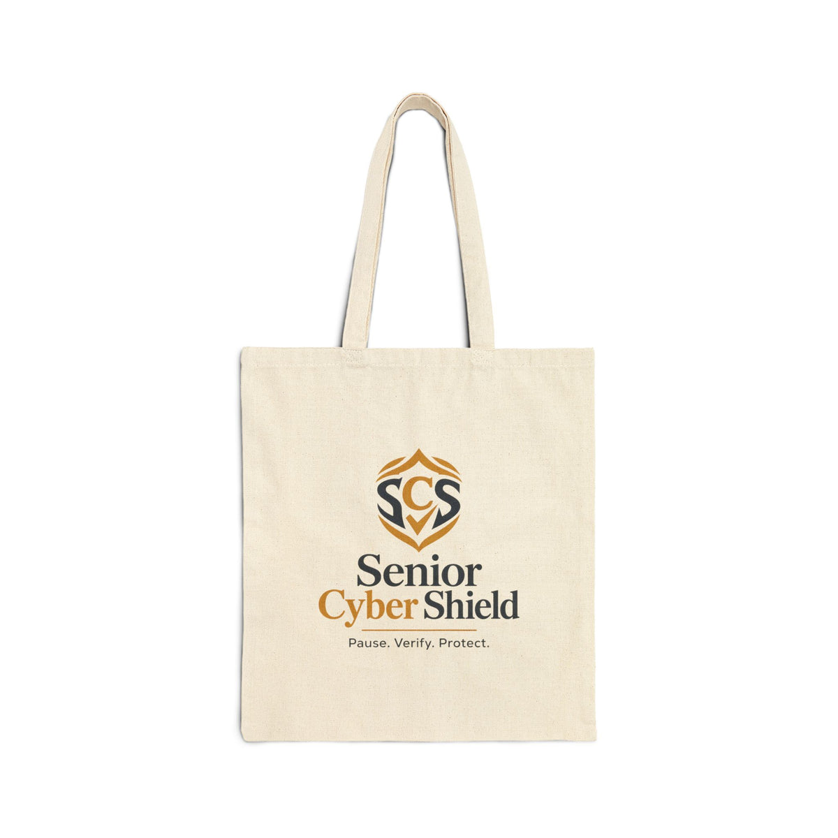 Senior Cyber Shield Cotton Canvas Tote Bag | Pause. Verify. Protect. | Natural