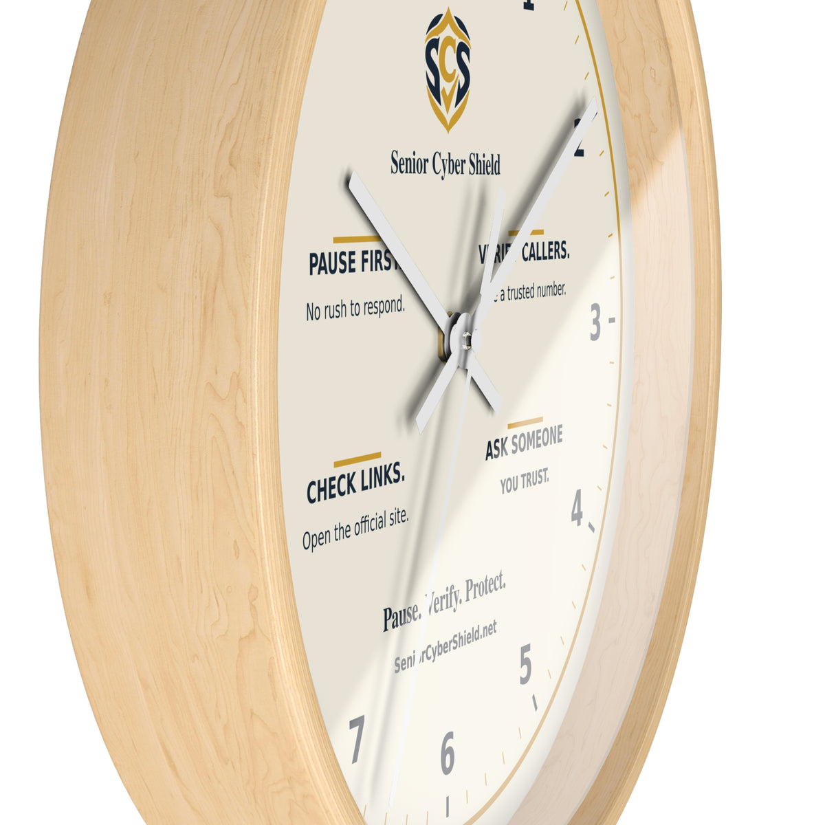 Senior Cyber Shield Wall Clock | Scam Safety Reminders | Cream, Navy & Gold