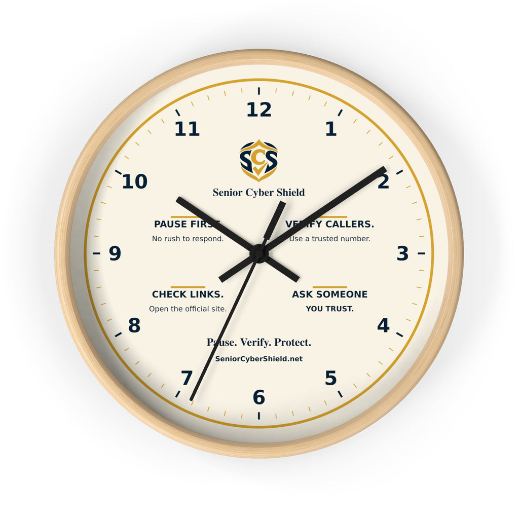 Senior Cyber Shield Wall Clock | Scam Safety Reminders | Cream, Navy & Gold