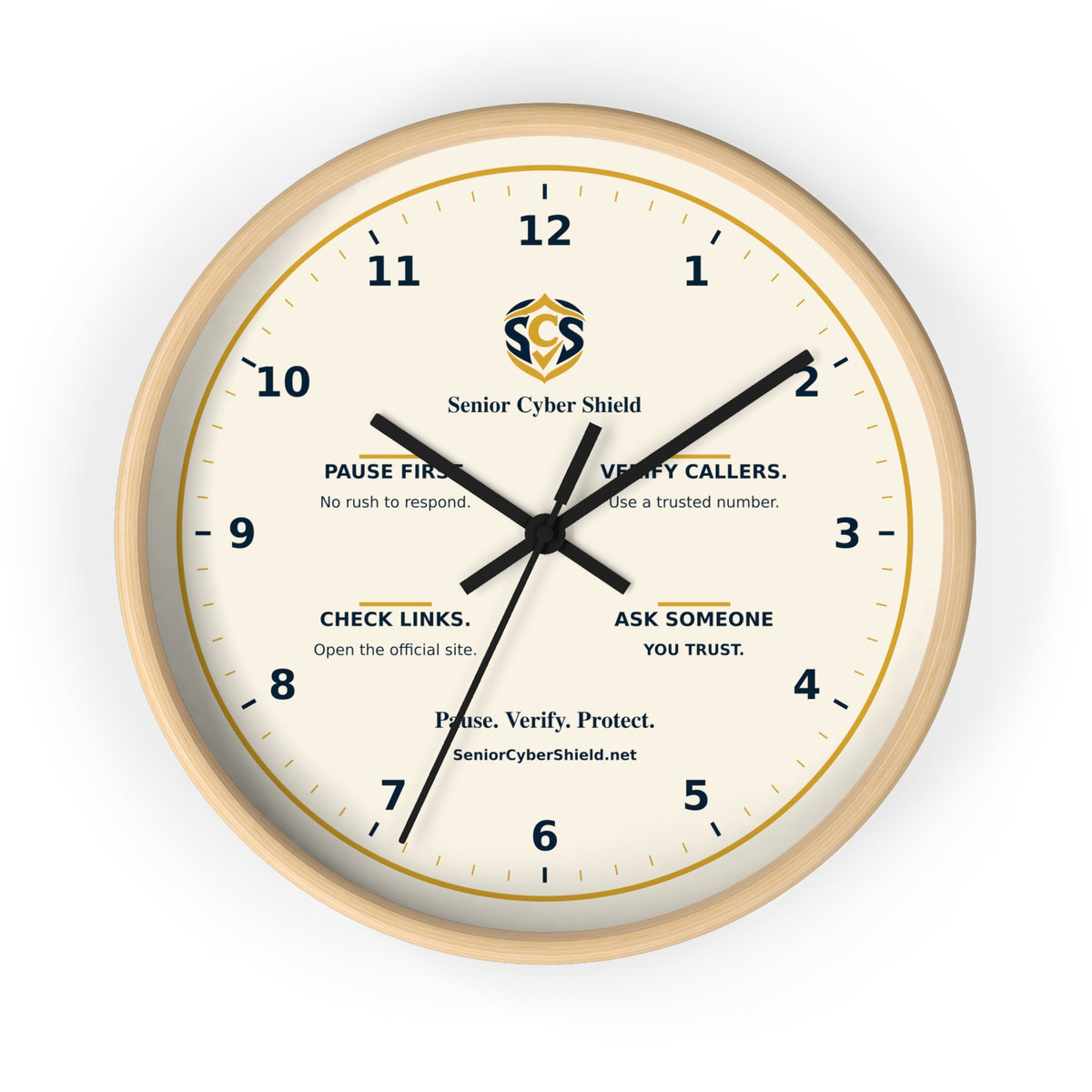 Senior Cyber Shield Wall Clock | Scam Safety Reminders | Cream, Navy & Gold