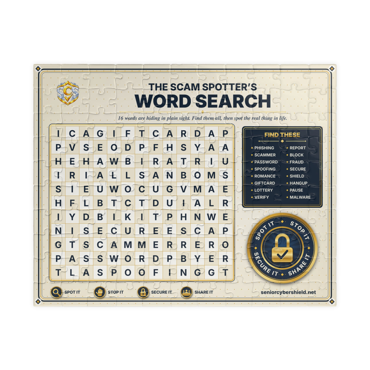 Scam Spotter’s Word Search Jigsaw Puzzle – Senior Cyber Shield Gift Puzzle for Seniors, Grandparents & Puzzle Lovers (110–1014 Pieces)