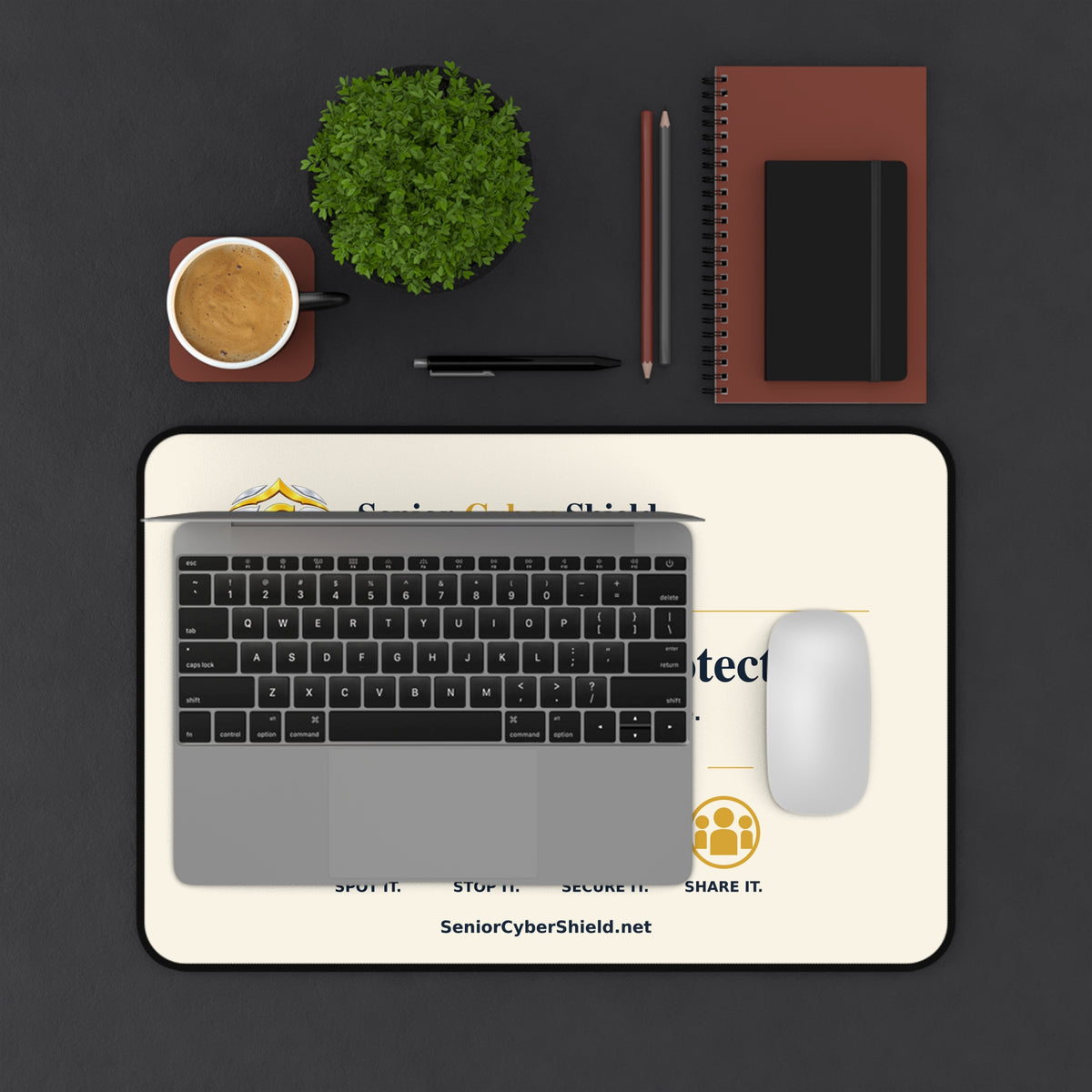 Senior Cyber Shield Desk Mat | Pause. Verify. Protect. | Cream & Gold Scam Awareness Design | 18 × 12 inches