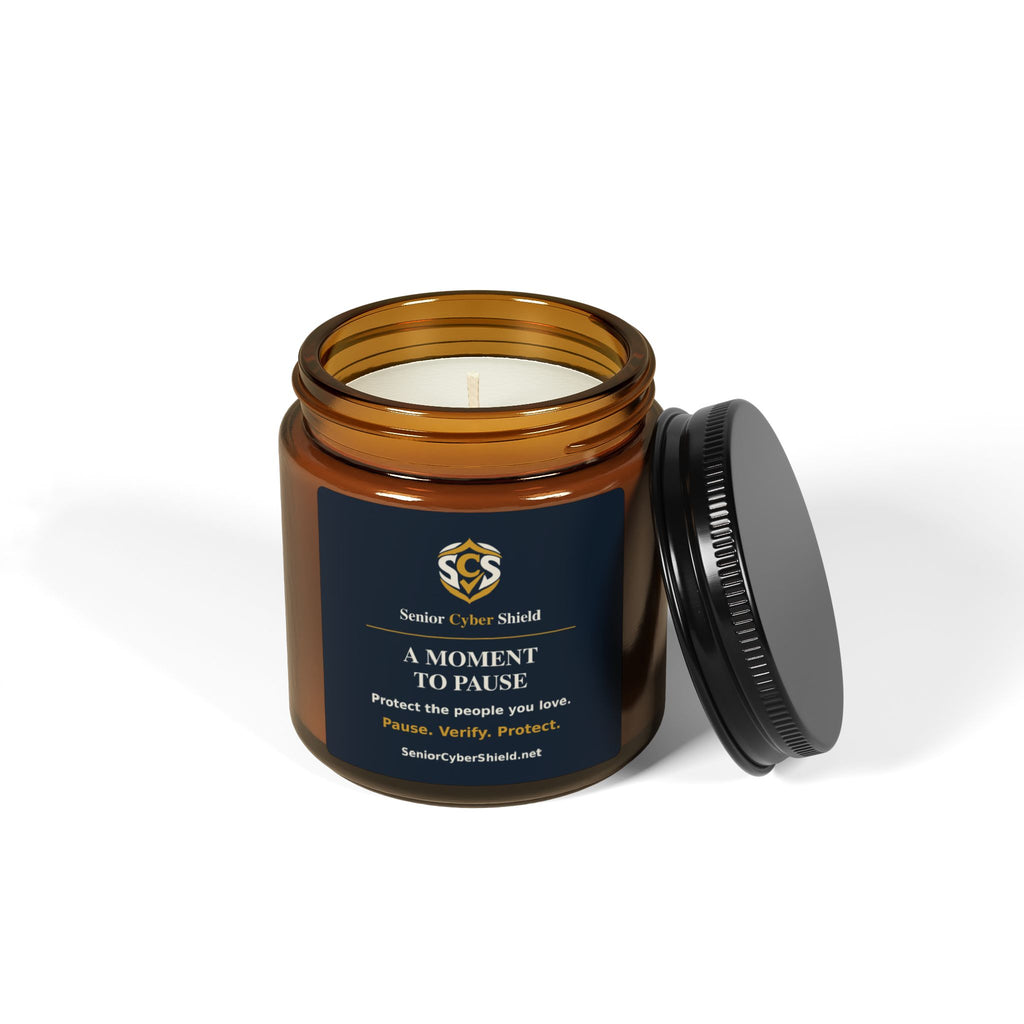 Senior Cyber Shield A Moment to Pause Scented Soy Candle | 4 oz Amber Jar | Cream & Gold Label
