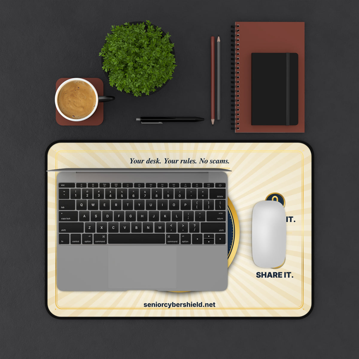 Scam-Proof & Proud Desk Mat – Senior Cyber Shield Mouse Pad | Scam Awareness Gift for Seniors, Grandparents & Home Office