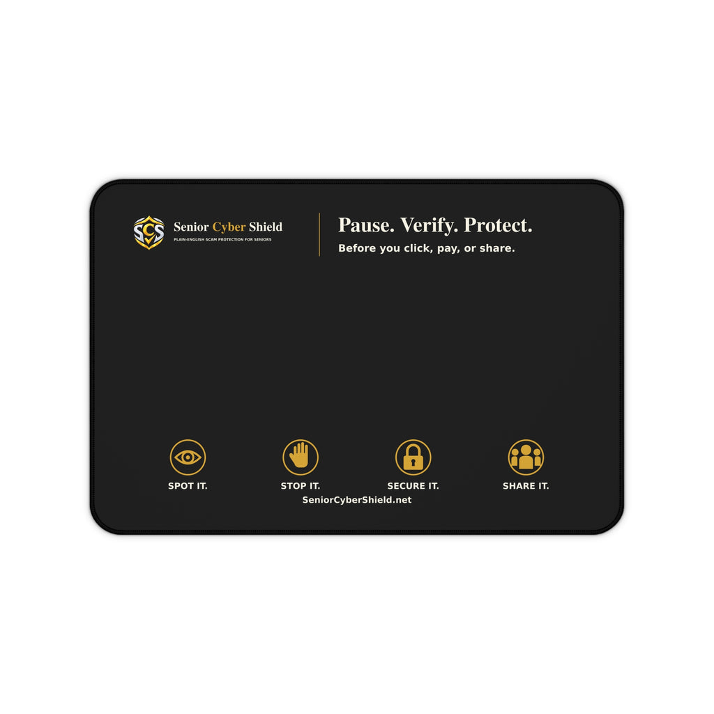 Senior Cyber Shield Black Desk Mat | Pause. Verify. Protect. | 18 × 12 inches