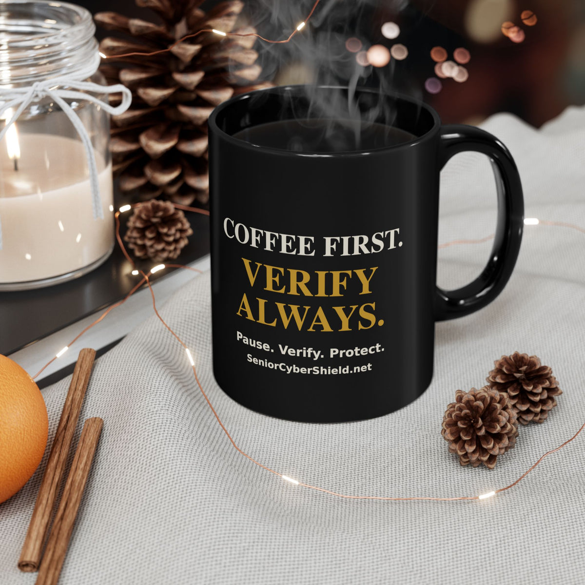 Senior Cyber Shield Black Coffee Mug | Coffee First, Verify Always | 11 oz