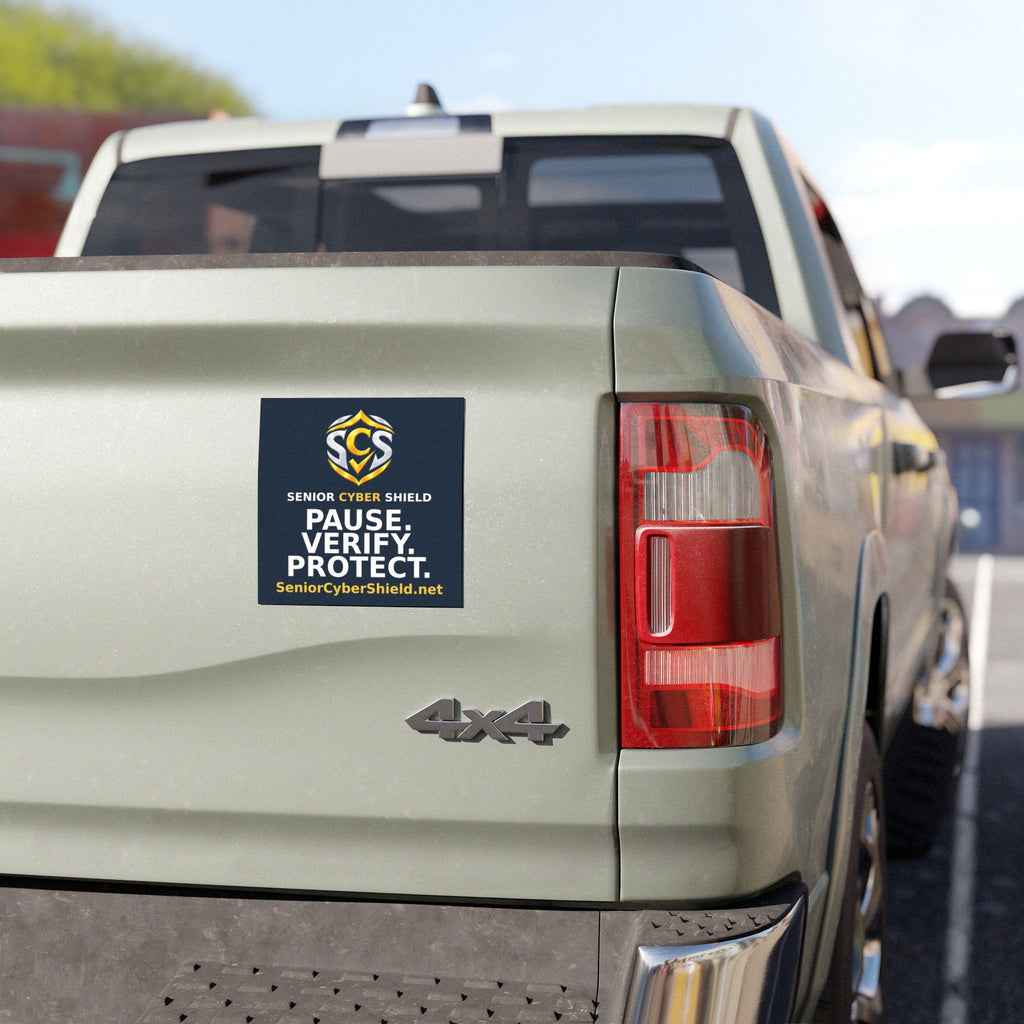 Senior Cyber Shield Car Magnet, 5 × 5 Inch | Pause. Verify. Protect. | Navy & Gold