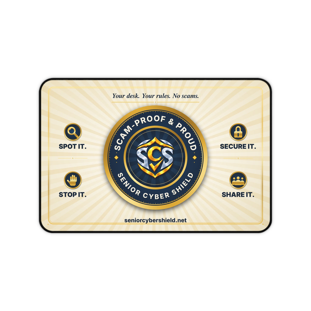 Scam-Proof & Proud Desk Mat – Senior Cyber Shield Mouse Pad | Scam Awareness Gift for Seniors, Grandparents & Home Office