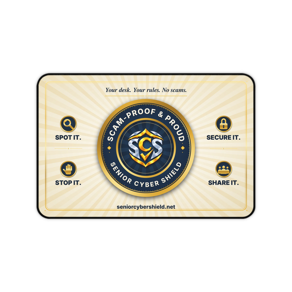 Scam-Proof & Proud Desk Mat – Senior Cyber Shield Mouse Pad | Scam Awareness Gift for Seniors, Grandparents & Home Office