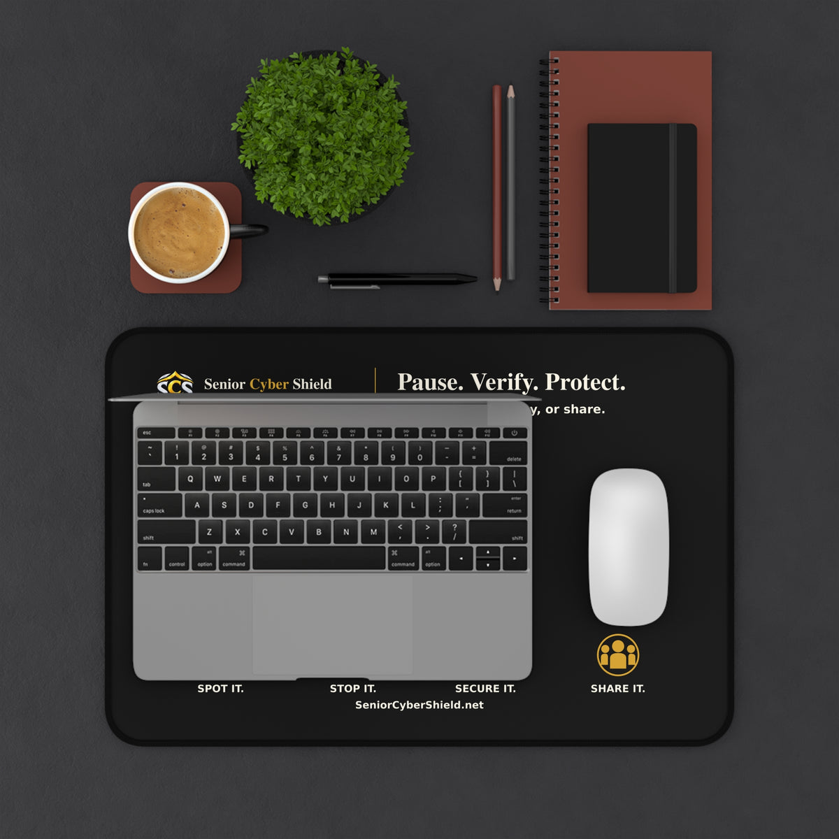 Senior Cyber Shield Black Desk Mat | Pause. Verify. Protect. | 18 × 12 inches