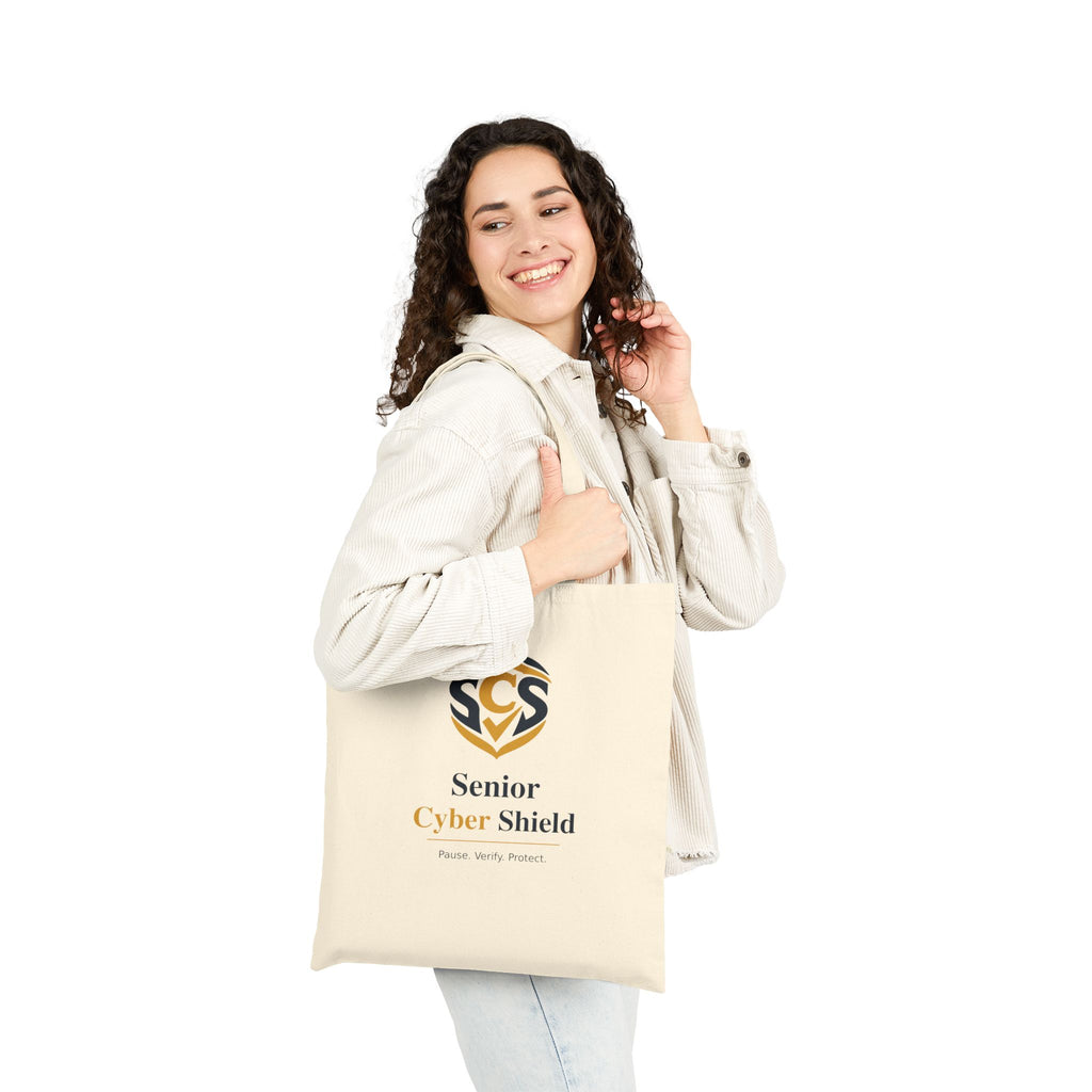 Senior Cyber Shield Cotton Canvas Tote Bag | Pause. Verify. Protect. | Natural