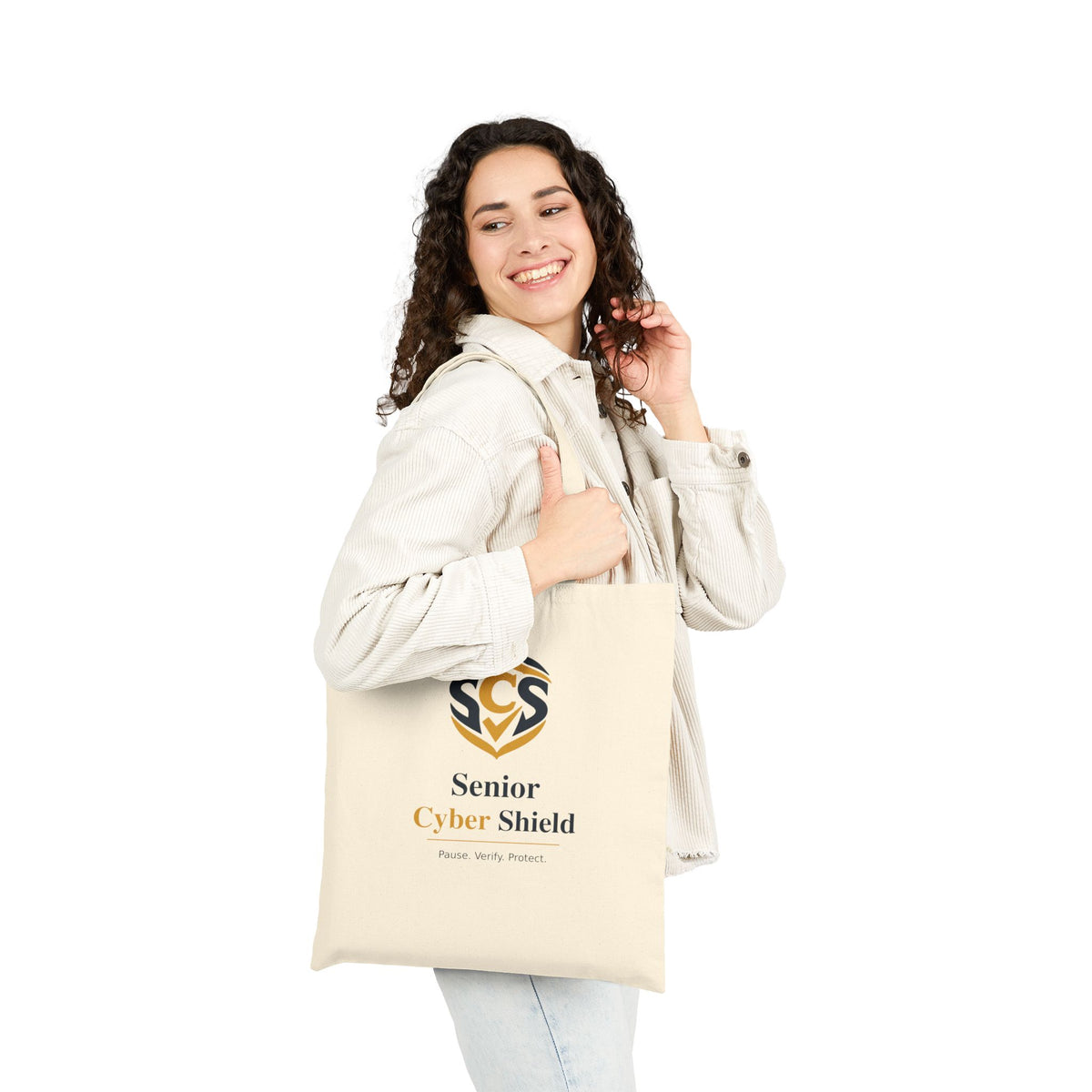 Senior Cyber Shield Cotton Canvas Tote Bag | Pause. Verify. Protect. | Natural